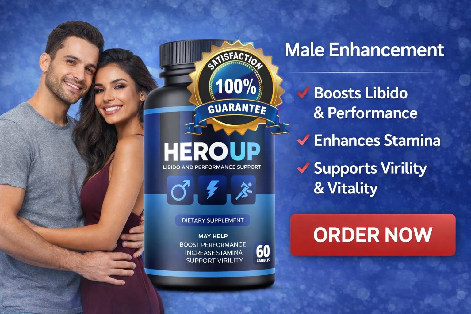 HeroUP male enhancement bottle with happy couple